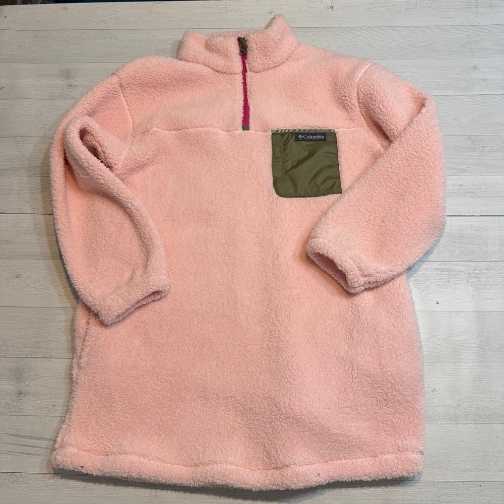 Columbia girls fleece tunic sweatshirt light‎ pink green pocket large 14/16